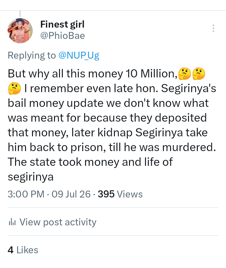 PhioBae's tweet photo. @HEBobiwine This is what I said yesterday, Hon. Segirinya paid almost 40M in bailing him out. But be kidnaped again. Till state murdered him. Update that money is not accounted for Sengirinya bails and kidnapping him. Same thing to Hon. Mwanga kivumbi. What's the use of the bail money? https://t.co/AlKKLjEjwu