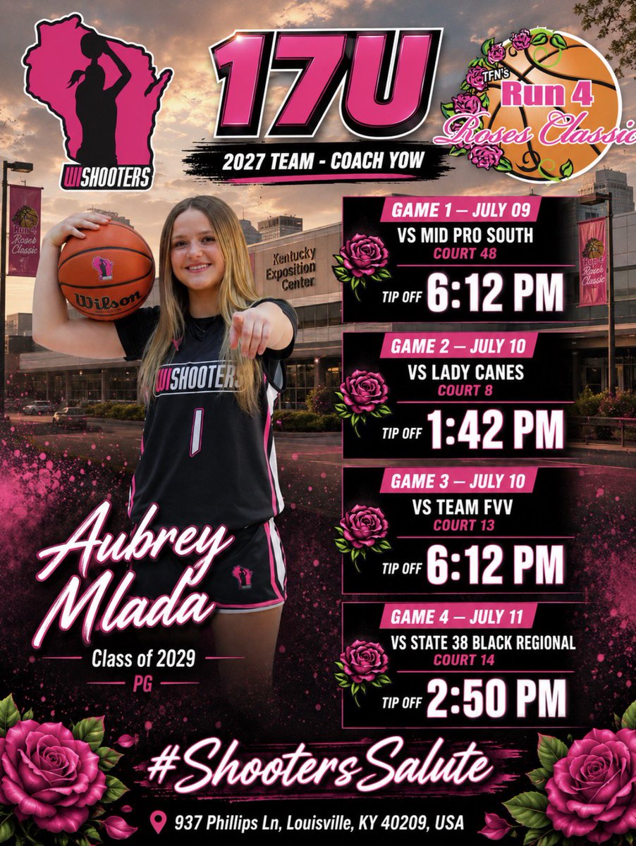 aubrey_mlada's tweet photo. Coaches, I am excited to compete @TFNsRun4Roses this weekend with @wiladyshooters 17u squad. If you’re attending, i’d love the opportunity to have you watch me play. Schedule below! #R4R #Run4Roses #RunForRoses #Recruitme https://t.co/OhLXF1hWFM