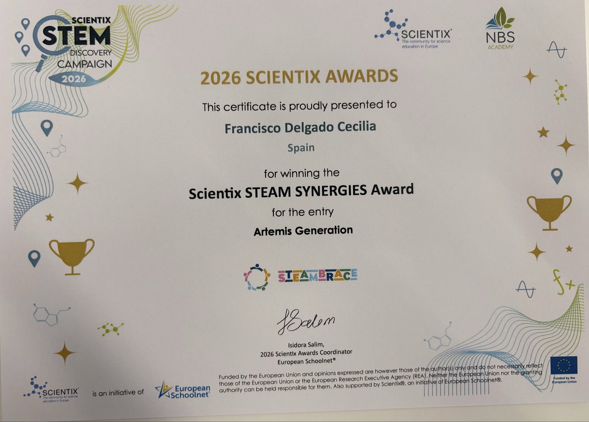 arcipreste2009's tweet photo. Broche perfecto para cerrar el curso. He recibido el premio @steambrace_eu en @fcl_euschoolnet de Bruselas. Gracias al equipazo de @scientix_eu por ser tan cercanos y tan buena gente. Gracias por valorar el trabajo. Seguiremos sumando y avanzando. @Edelvives @educaINTEF #2026SPW https://t.co/hEDFG7I9LF