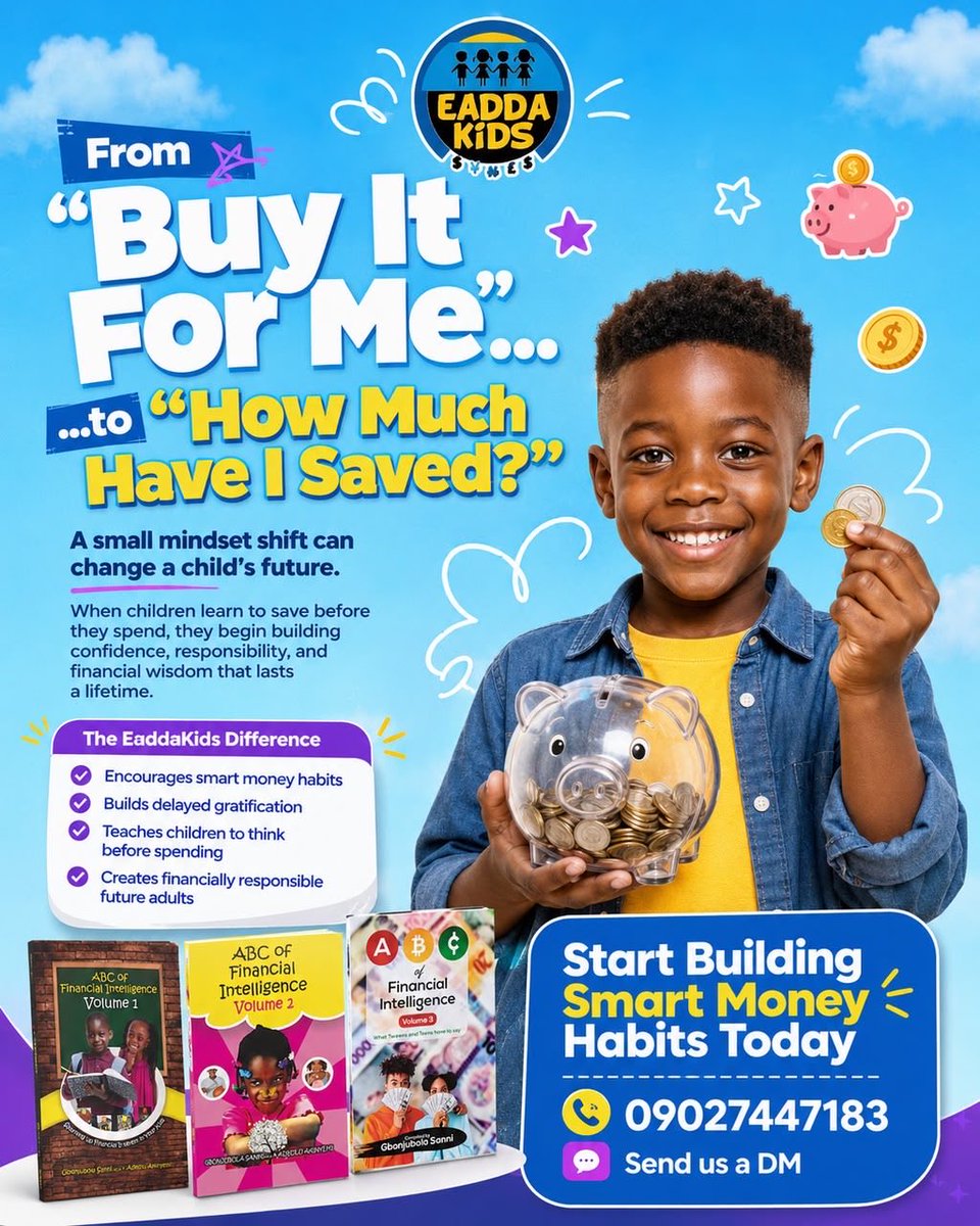 EaddaKids's tweet photo. The goal isn't to stop children from asking; it's to teach them to think differently.

Imagine hearing your child say, "How much have I saved?" instead of "Buy it for me." That's the mindset shift every parent should aim for.

#EaddaKids #abcoffinancialintelligence #parenting https://t.co/xmJb52pDoh