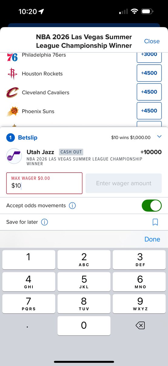 BetDewy's tweet photo. @FDSportsbook @FanDuel_Support @FanDuel I need someone’s help please. I deposited $10 to bet on the Jazz to win Summer League this morning. Every time I try and place the bet this pops up. It will only not work for the Utah Jazz, every other team it will let me place the bet https://t.co/sNGhuh5llV