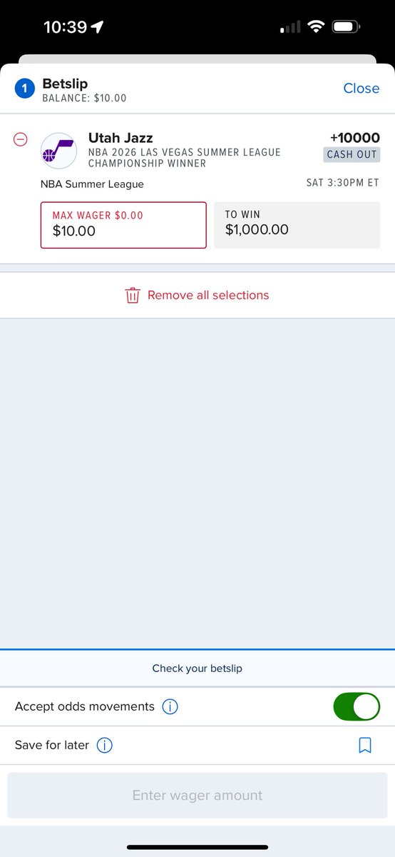 BetDewy's tweet photo. @FDSportsbook @FanDuel_Support @FanDuel I need someone’s help please. I deposited $10 to bet on the Jazz to win Summer League this morning. Every time I try and place the bet this pops up. It will only not work for the Utah Jazz, every other team it will let me place the bet https://t.co/sNGhuh5llV