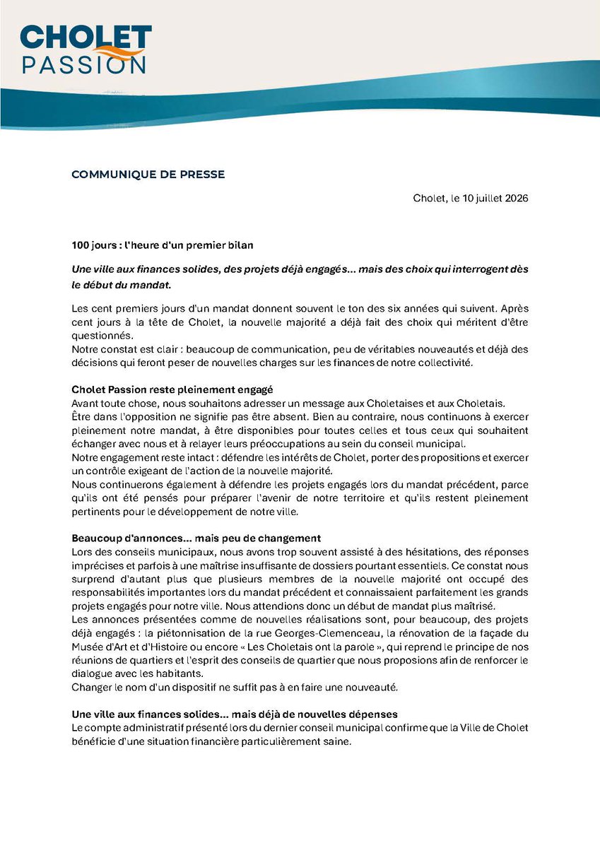 CholetPassion26's tweet photo. 100 jours : l'heure d'un premier bilan

Bonne lecture de ce communiqué des élus de l'équipe Cholet Passion !

@GBOURDOULEIX  @florentbarre  Delphine Ogereau Pascale Tignon Bruno Vieville et @oaldine https://t.co/1PlwRCyuqt