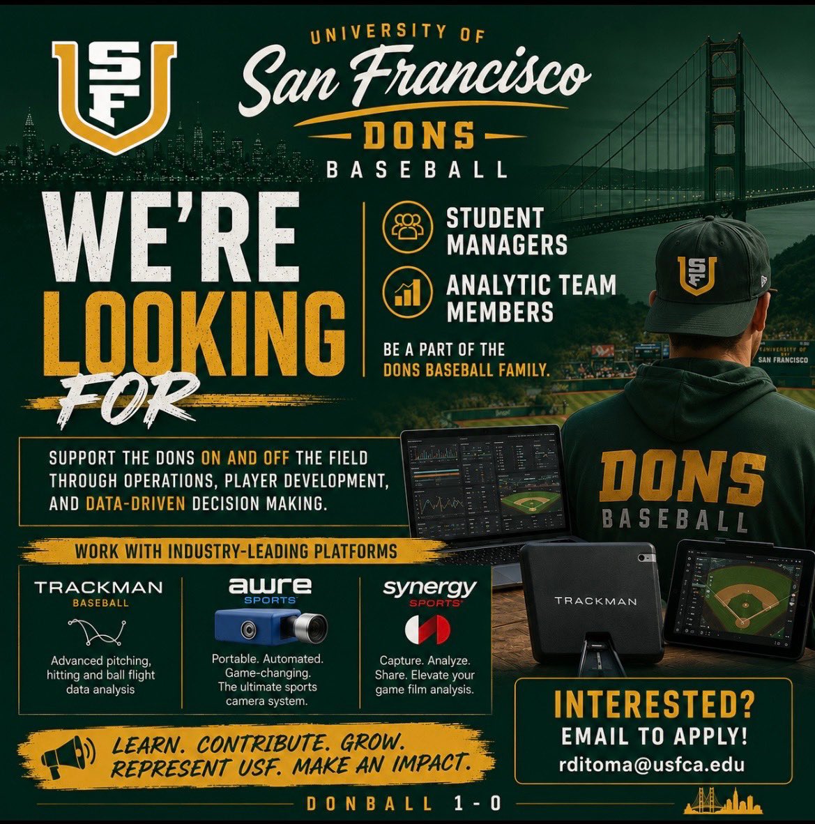 SFDonsBaseball's tweet photo. Interested in a career in baseball? DonBall is looking for you….   Contact @RDiToma19 if interested in helping @usfca https://t.co/0Kqj0WkkBw