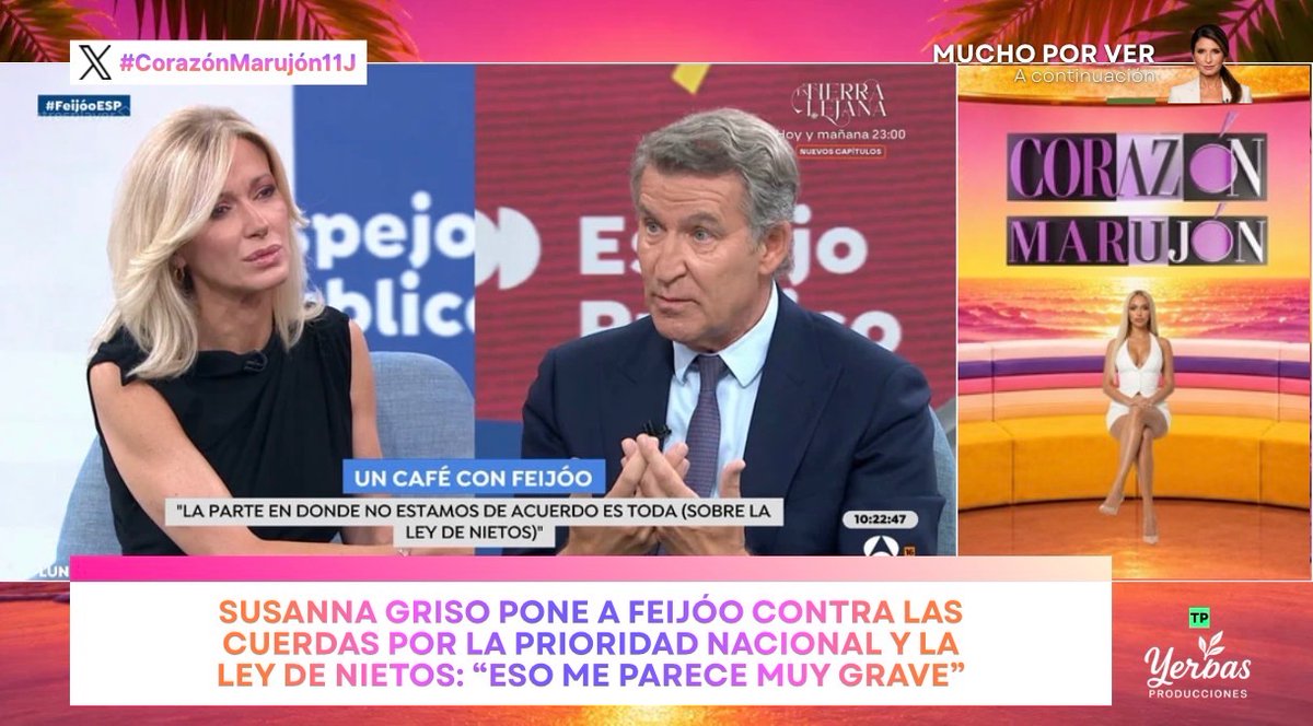 YerbasProduce's tweet photo. 📺 Susanna Griso pone contra las cuerdas a Alberto Núñez Feijóo en el plató de 'Espejo Público'

🇪🇸 La presentadora cuestionó con extrema dureza sus argumentos sobre la prioridad nacional y la Ley de Nietos.

🩷 #CorazónMarujón11J https://t.co/t7IuqBtXOA