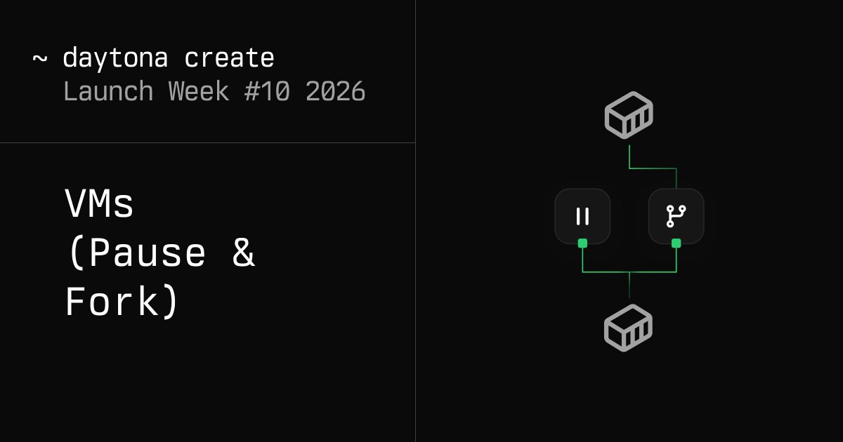 daytonaio's tweet photo. Launch Week 10, Day5 - Linux VM based Sandboxes

You can now choose to create Sandboxes based on Linux VMs that enable both pause and fork features.

Try it today. More information here: https://t.co/cbxGrXVecN https://t.co/StSJvQyPjY