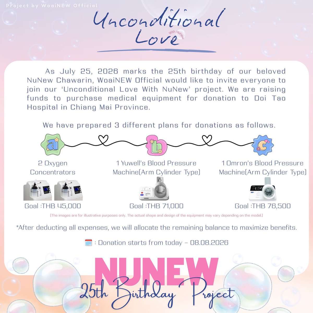 woainewofficial's tweet photo. ˚ ༘🧁〰 𝐏𝐫𝐨𝐣𝐞𝐜𝐭 𝐟𝐨𝐫 𝐍𝐮𝐍𝐞𝐰'𝐬 𝟐𝟓𝐭𝐡 𝐁𝐢𝐫𝐭𝐡𝐝𝐚𝐲 •⁺💗〰 
⠀⠀ ⠀【 #NUNEW25thBDproject 】

Let’s be a part of the 25th birthday project for our beloved NuNew Chawarin.

We, WoaiNEW Official, would like to invite everyone to join our “Unconditional Love With #NuNew” project in raising funds to purchase medical equipment for donation to Doi Tao Hospital in Chiang Mai Province.

🔗 :  https://t.co/XoZAbuEcmD
ℹ️ : There is no minimum donation amount.
🗓️ : Today - 08.08.2026 at 11.59 PM 🇹🇭 

— @CwrNew ♡ #NanaNu
