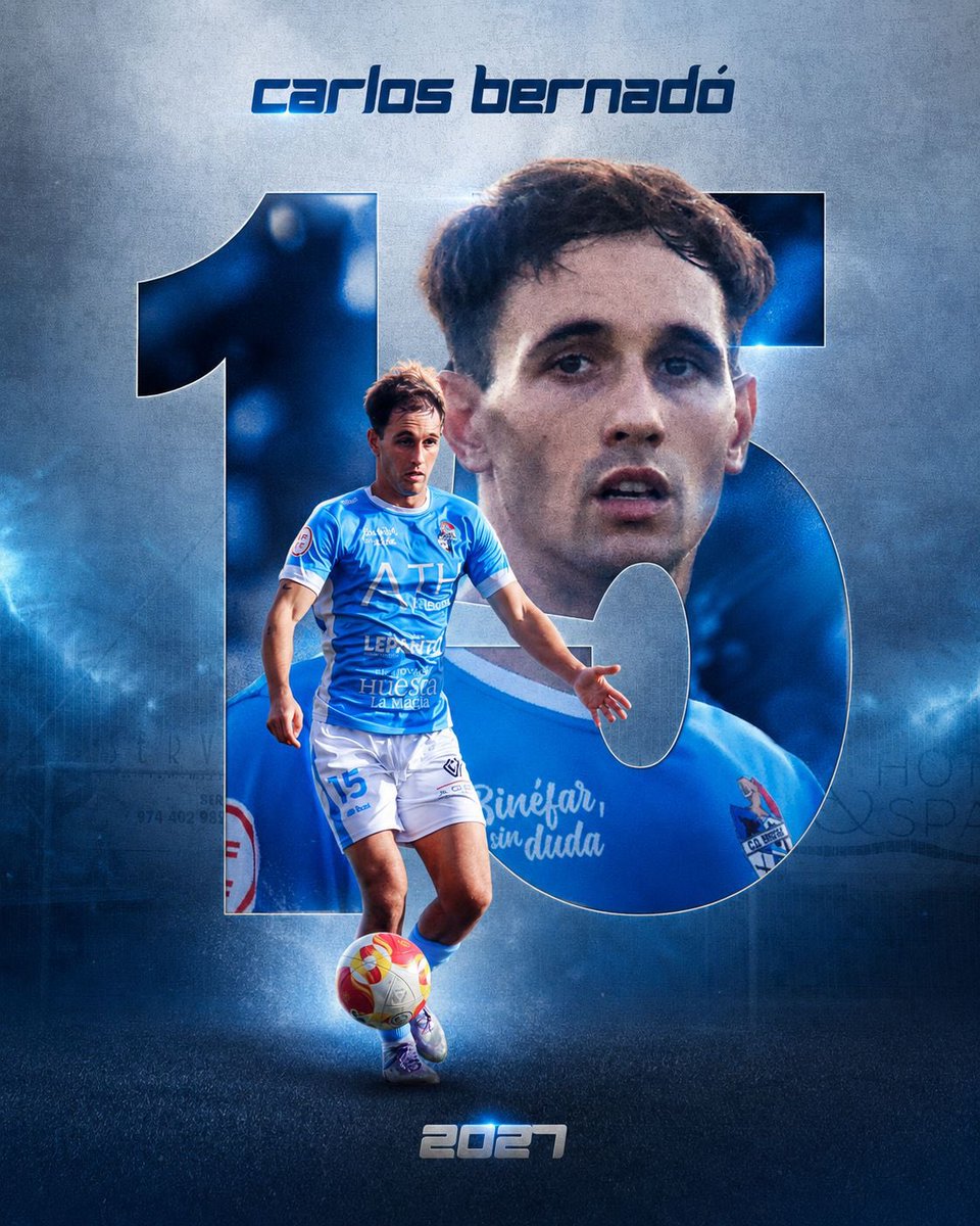 cdbinefar's tweet photo. 🔵 𝐂𝐀𝐑𝐋𝐎𝐒 𝐁𝐄𝐑𝐍𝐀𝐃𝐎́ 2️⃣0️⃣2️⃣7️⃣ 

✍️ Carlos Bernadó renueva con el CD Binéfar. 

👉 Tras alcanzar los 100 partidos, cumplirá su cuarta temporada de celeste. 

🔝 Físico imparable, energía y competitividad de un jugador con peso en el vestuario. 

💪 ¡A por la 26/27! https://t.co/u92BODnHfL