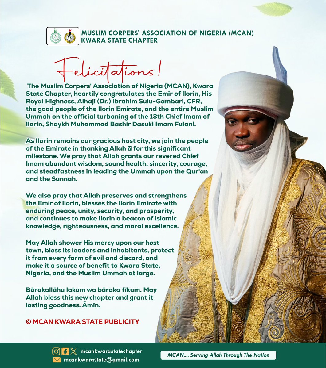 Mcankwarastate's tweet photo. MCAN KWARA STATE FELICITATES WITH THE EMIRATE OF ILORIN ON THE TURBANING OF THE 13TH CHIEF IMAM OF ILORIN
Bārakallāhu lakum wa bāraka fīkum. May Allah bless this new chapter and grant it lasting goodness
© MCAN KWARA STATE PUBLICITY
#MCANKwara
#MCAN https://t.co/VZ56yBaiyX