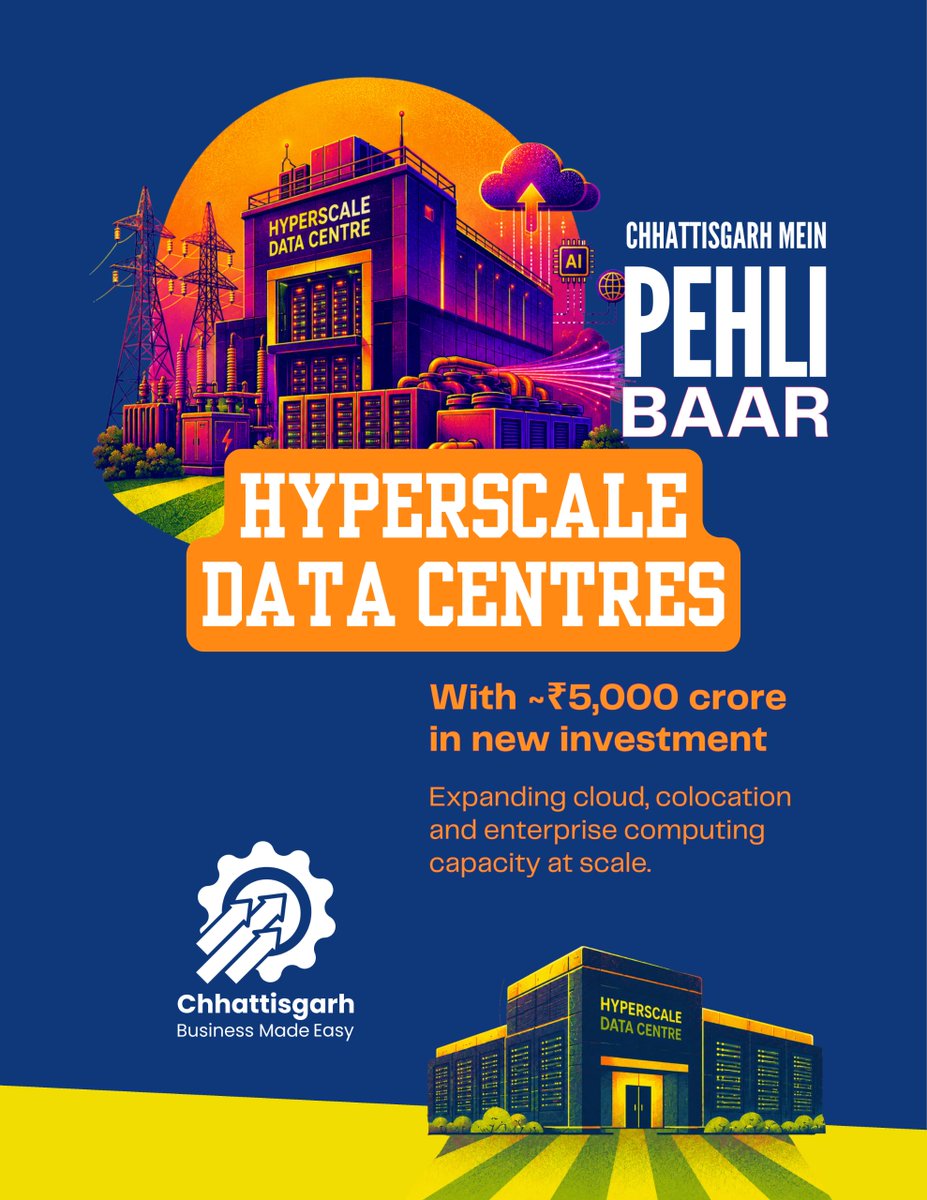 InvestCG_India's tweet photo. Chhattisgarh is becoming India's data centre failsafe.

Hypernext is building India's first purpose-built Disaster Recovery Data Centre Campus and with Nxtra and CtrlS, investments near ₹5,000 Cr.

This is only the beginning.
#PehliBaarInCG #CGBusinessEasy https://t.co/Ij2R6Lmmhc