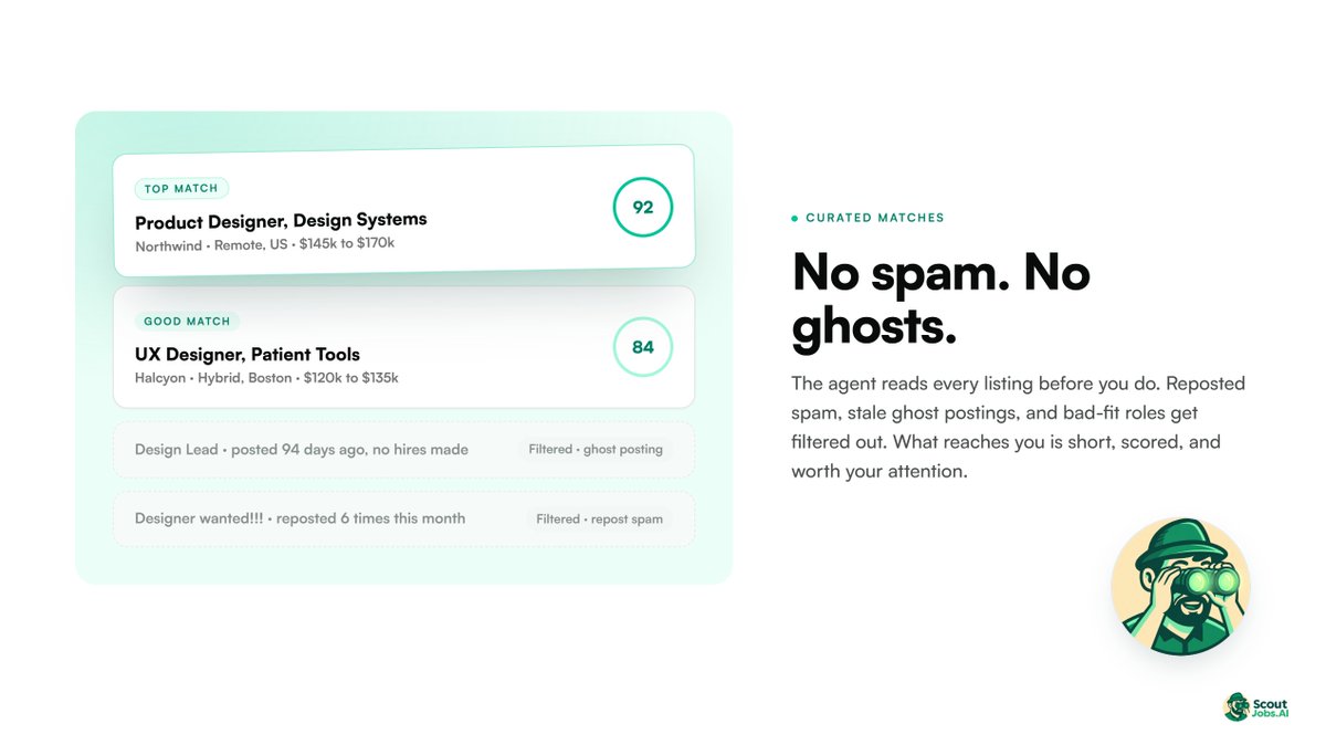 ScoutJobsAI's tweet photo. ScoutJobs AI finds and applies to perfect roles for you 24/7 while you sleep. Wake up to interview invites, not another job board scroll.