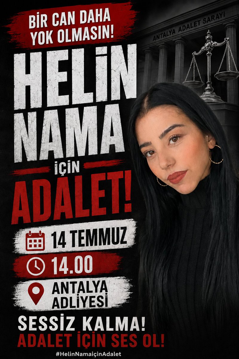 magduraileler_'s tweet photo. HELİN NAMA İÇİN ADALET
24 yaşındaki Helin Nama'nın yaşamı, 17 Ocak 2026'da Antalya'nın Kepez ilçesindeki evinde son buldu.
İddialara göre Helin, olaydan yaklaşık üç ay önce evlendiği eşiyle yaşadığı tartışmanın ardından evden yükselen silah sesiyle yaşamını yitirdi. Olayın ardından eşi, Helin'in kendi yaşamına son verdiğini öne sürdü.
Bir genç kadın daha hayalleriyle, umutlarıyla ve geleceğiyle birlikte aramızdan koparıldı.
Her şüpheli kadın ölümünün titizlikle soruşturulmasını, tüm delillerin eksiksiz değerlendirilmesini ve adaletin gecikmeden tecelli etmesini istiyoruz. Çünkü cezasızlık, yeni acıların önünü açar.
🗓 14 Temmuz 2026 
🕑 14.00 
📍 Antalya Adliyesi

#HelinNamaİçinAdalet #kadıncinayetleri
#kadıncinayetlerineson
#kadınaşiddetehayır #adaletistiyoruz