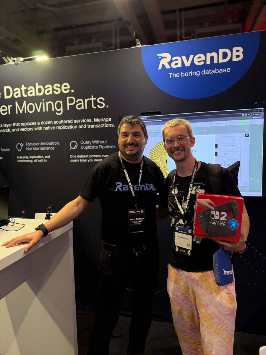 RavenDB's tweet photo. Two days, a lot of great conversations, and a lot of live demos. Congratulations to our final raffle winner!

Thank you to everyone who visited the RavenDB team at @WeAreDevs 2026.

Until next year, let's keep in touch 👉  https://t.co/36fIl3bKij 

#ravendb #nosql #aidatabase https://t.co/IntFGTLy4B