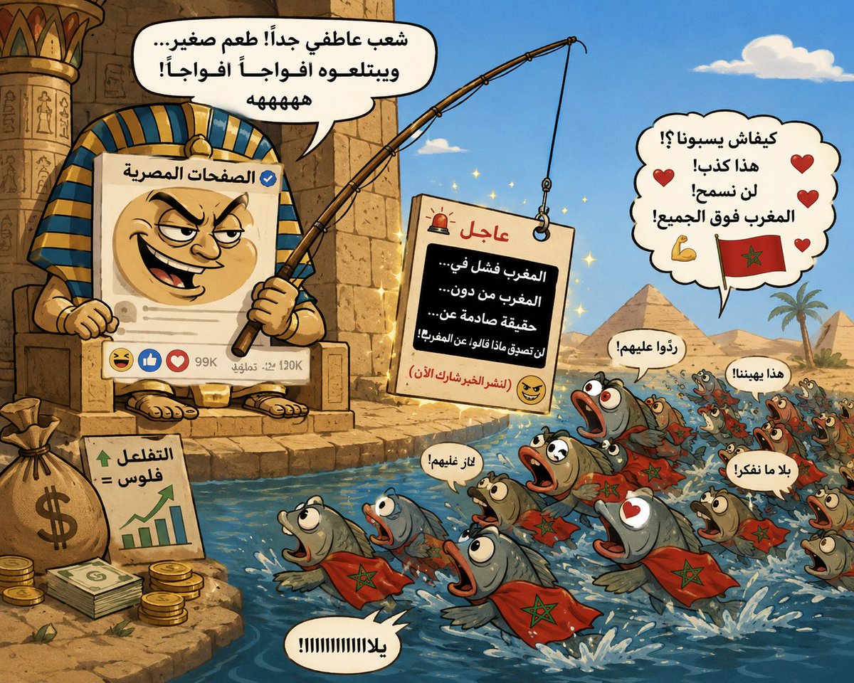 netflyarabia's tweet photo. ⛔️  بعض الصفحات المصرية، على غرار بعض الصفحات والحسابات الجزائرية، اكتشفت أن المغاربة شعب عاطفي جدًا، فأخذت ترمي لهم بالطُّعم عبر منشورات مسمومة، فيبتلعونه بسهولة ويدخلون فيها “أفواجًا أفواجًا”، لرفع نسبة تفاعلها وزيادة مداخيلها. https://t.co/PyoBnj2PYJ