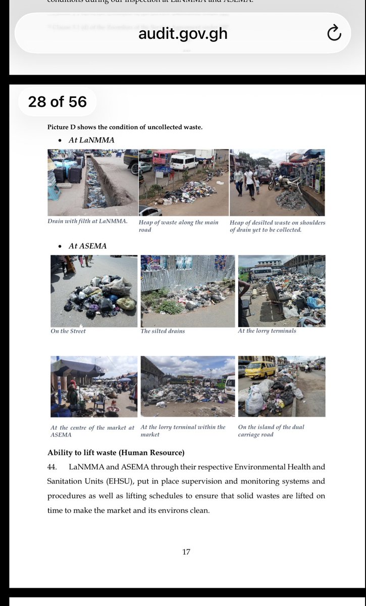 CallmeAlfredo's tweet photo. In the end, it all comes down to governance. Communal labour cannot substitute for working institutions.

In 2023, the Auditor-General audited how two Assemblies, La-Nkwantanang-Madina Municipal Assembly (LaNMMA) in the Greater Accra Region and Awutu Senya East Municipal Assembly (ASEMA) in the Central Region, collected and carted away solid waste from their markets.

The audit found that the Assemblies’ own waste trucks were broken down for years over faults that were repairable. There was no maintenance plan. Waste went uncollected for weeks at a time.

The large waste containers at the markets were far fewer than needed. The overflow did not disappear. It piled up around the markets and washed into gutters and drains. The same drains we want to desilt after every flood.

Zoomlion was contracted to lift most of the waste. It underperformed, yet was paid in full. The Assemblies quietly used their own limited resources to cover the gap.

And the accountability loop that allowed this: Zoomlion wrote its own performance reports, the Assemblies endorsed them without checking, and payment followed from the District Assemblies Common Fund.

This is not an isolated finding. The Auditor-General’s annual reports on the Common Fund have repeatedly cited the same contractor, across different contracts, for the better part of two decades. The same issues keep appearing because nothing structural changes.

Part of the reason is how the money flows. Payment is deducted at source by the Fund administrator before the Assemblies ever see it. So the level of government that can see whether the work is done has no control over payment. And the level that controls payment does no checking.

Clean the drains this weekend. But until the trucks are fixed, the containers provided and the work verified before payment, we will meet again at the next flood.