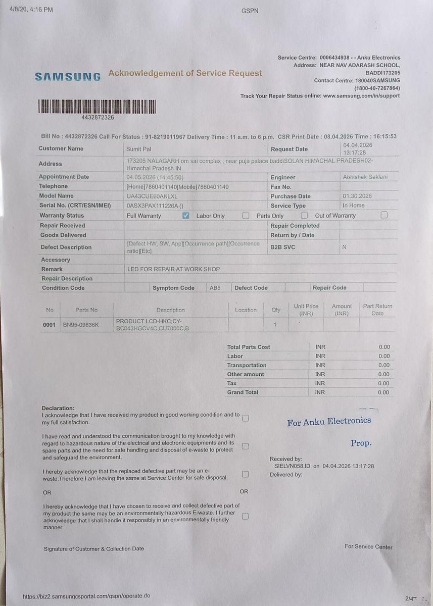 pal_sumit50743's tweet photo. Disappointed with @SamsungIndia! Bought Crystal UHD TV in Jan 2026. Panel replaced on 4th May, but crashed again with vertical lines in 2 months! Service center refusing replacement. Registered on Consumer Helpline (Docket: 9685489). Need Set Replacement! @Samsung #BadService https://t.co/au3PfRhuHu