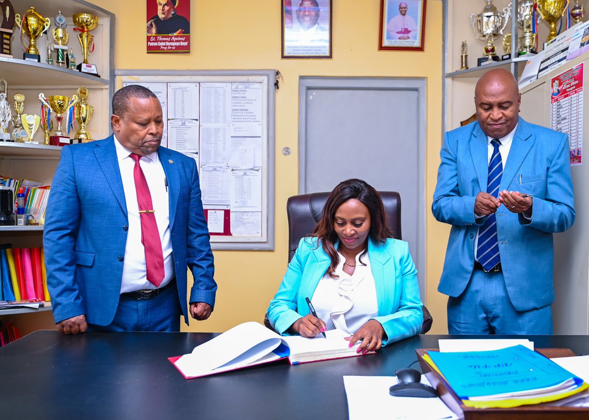 PublicHealthMoH's tweet photo. PS @psmuthoni joined the Kerugoya Boys High School community for the launch of the school's Strategic Plan 2026–2030, reaffirming Govt's  commitment to accrediting the school's health clinic under SHA, urged vigilance against drug &amp; substance abuse, encouraged SHA registration. https://t.co/WszIlrhfyE