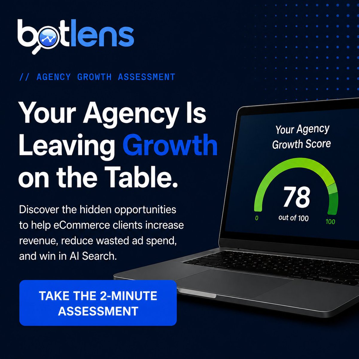 getbotlens's tweet photo. Can Your Agency Survive the Next Wave of Search?
Start the Assessment: https://t.co/6y5GxwtOnj
AI Search is reshaping how customers discover products, while Agentic Commerce is changing how purchases happen. In just 2 minutes, you'll discover where your agency stands and uncover practical opportunities to:

Win more #eCommerce clients
Retain existing accounts
Deliver measurable growth beyond paid ads

Get your personalized score instantly.