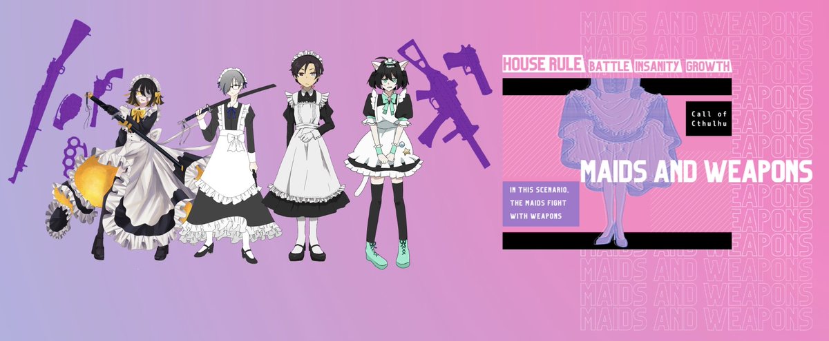 swi_trpg's tweet photo. CoC「MAIDS AND WEAPONS」
作：YOUR様

KPC / KP
隠岐 彪護 / ばけるさん

PC / PL
飴雫 陽露 / モフなろさん
高間 竺 / すぃ
束狩 佯 / カヨウさん

▹シナリオクリア　if継続

「……はあ、んだこのふざけた服」 https://t.co/rVG1aN7s7I