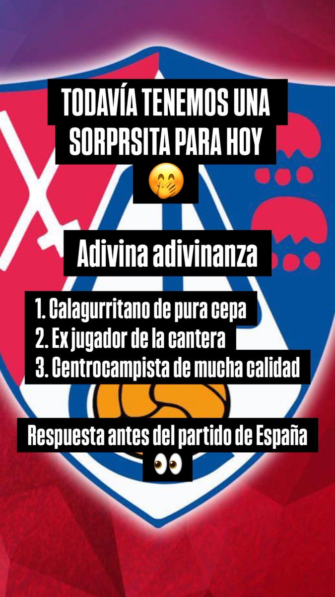 cdcalahorra's tweet photo. ADIVINA ADIVINANZA 🤭

¿Sabes quién soy?

1. Calagurritano de pura cepa
2. Exjugador de la cantera
3. Centrocampista de mucha calidad

 Respuesta antes del partido de España 👀 https://t.co/Owwvl0ukJ3