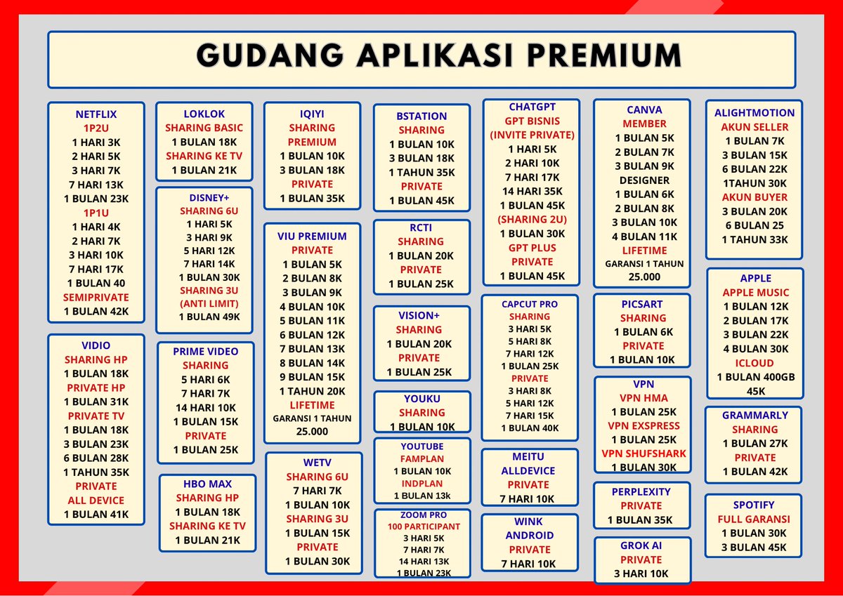 quoerror's tweet photo. WTS WTB MARI BELI JUAL APP PREMIUM PRO DIJAMIN CEPAT RAMAH DAN TERPERCAYA, TANYA DURASI? BOLEH

NETFLIX DISNEY HBO VIU WETV YOUTUBE IQIYI BSTATION YOUKU CAPCUT CANVA MS365 LOKLOK PRIME DLL 

Fastrespon: https://t.co/eiDEETqUDA
#zonauang #zonajajan 739162 drg; https://t.co/OQy5oRugAx