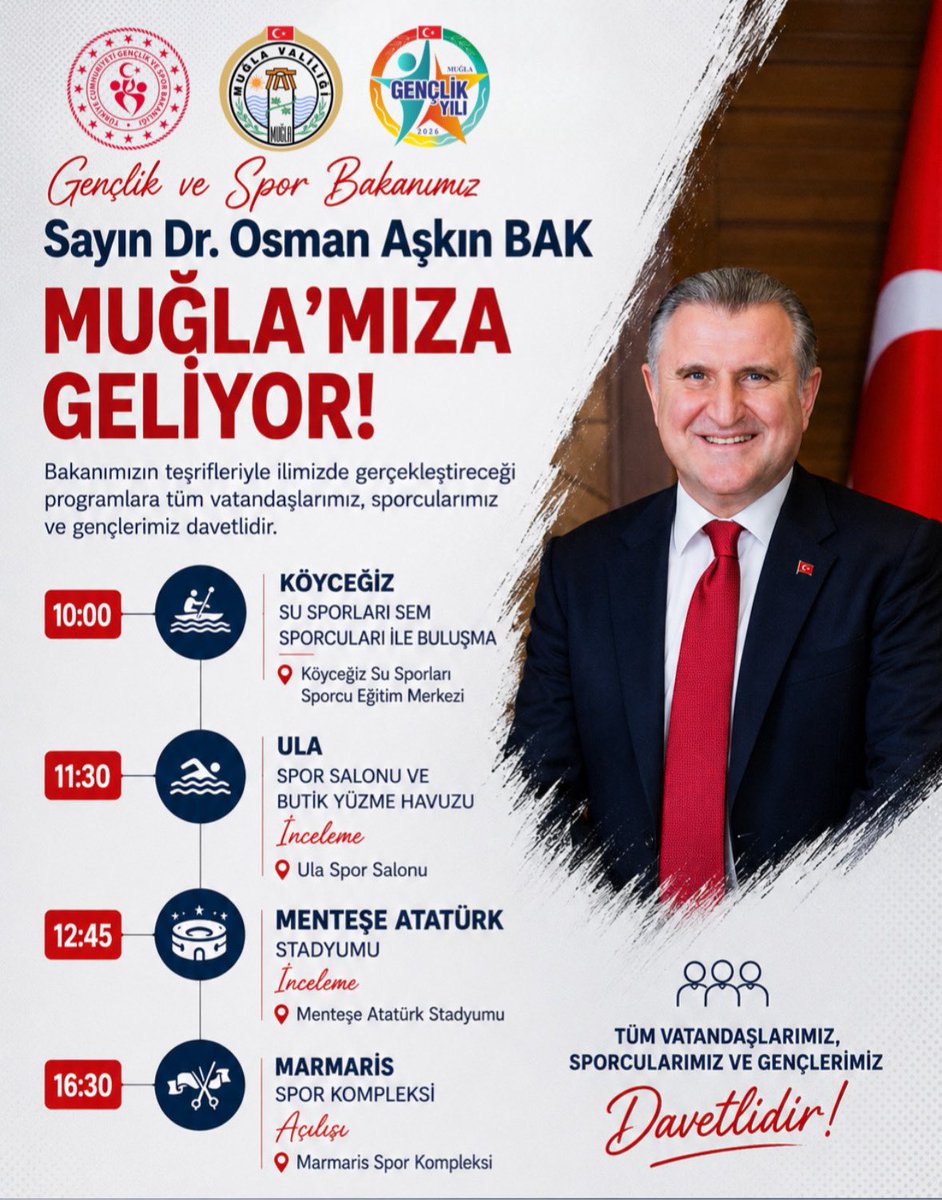 GSB_Mugla's tweet photo. 🇹🇷 Gençlik ve Spor Bakanımız Sayın Dr. Osman Aşkın Bak, Muğla’mızda!

Gençliğe, spora ve geleceğimize değer katacak programlarda Sayın Bakanımızı hemşehrilerimiz, sporcularımız ve gençlerimizle buluşturmanın heyecanını yaşıyoruz.

📍 11 Temmuz Cumartesi https://t.co/ZdQRuTXiAa