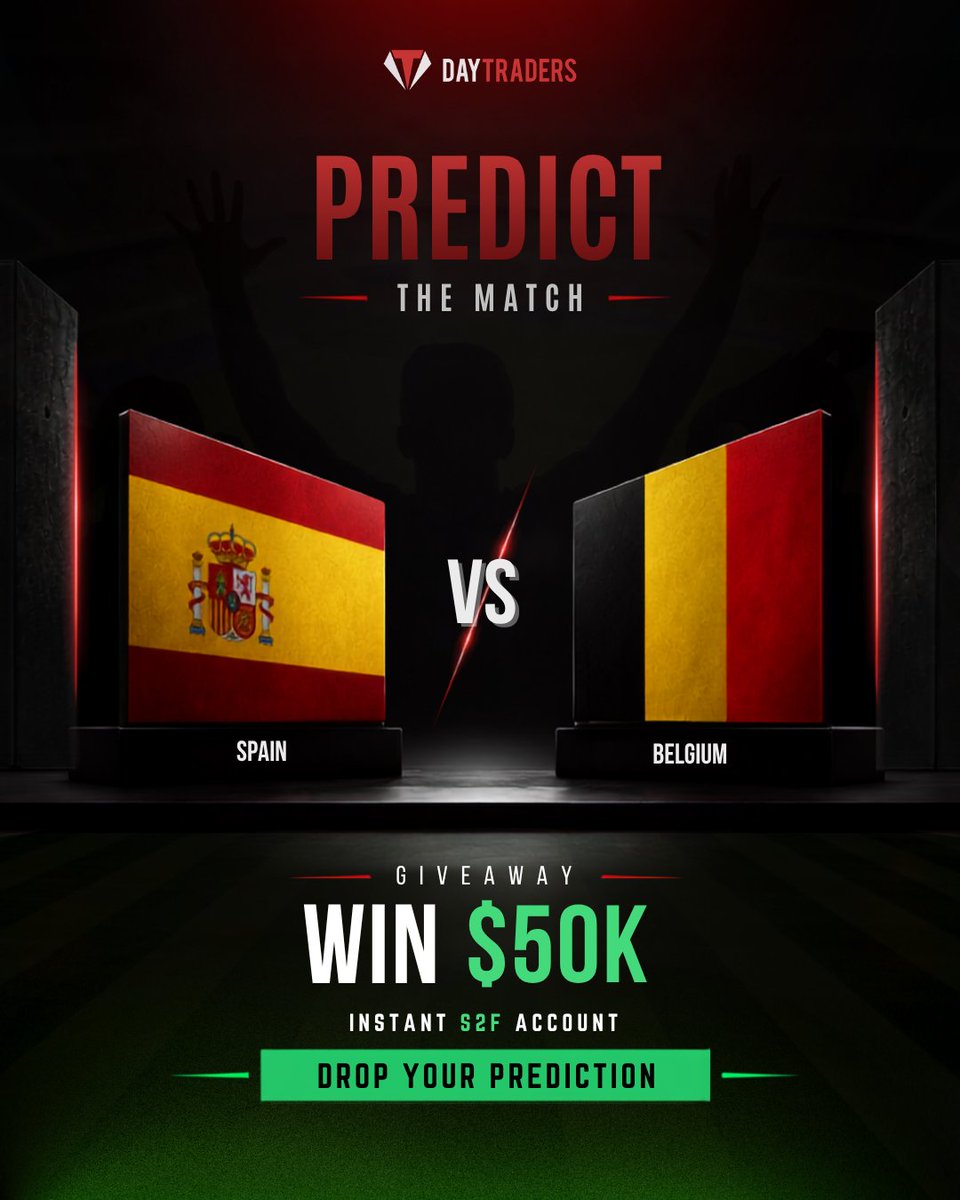 DayTraders_com's tweet photo. The road to the semifinals continues. ⚽

Spain🇪🇸 Vs Belgium🇧🇪

Predict the correct final score for a chance to receive a $50K S2F Account.

To participate:

1️⃣ Comment your exact score prediction
2️⃣ Follow @DayTraders_com
3️⃣ Repost this post

One correct prediction will be selected.

Who will book their place in the semifinals? ⬇️

Disclaimer: Only predictions submitted before kickoff are eligible. If multiple correct predictions are received, one winner will be selected at random. Full giveaway rules: https://t.co/qnGULk3H0Y

#FIFAWorldCup #WorldCupQuarterfinal #RoadToTheSemifinal #DayTraders #TradingCommunity #PropFirmMatch #DayTrading #TradingGiveaway #FuturesTrading #DT #daytraderscom