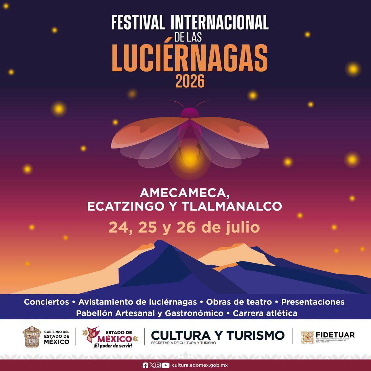 SECTUR_mx's tweet photo. Este verano, vive una experiencia que ilumina los bosques del Estado de México. 🌿

Del 24 al 26 de julio, Amecameca, Tlalmanalco y Ecatzingo te esperan en el Festival Internacional de las Luciérnagas 2026, con actividades culturales, artísticas, deportivas, un pabellón gastronómico y artesanal, además de la oportunidad de disfrutar el avistamiento de luciérnagas en los ecoparques de la región. 🪲✨

En esta edición, la República de la India y el estado de Hidalgo participarán como país y estado invitados. 🤩

📍 Valle de los Volcanes, Estado de México.
🎟️ Entrada gratuita.