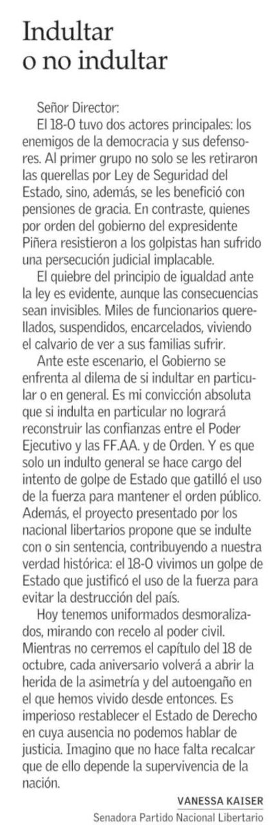 Jou_Kaiser's tweet photo. Esta carta resume perfectamente la posición nacional libertaria en materia del golpe de estado del 18-10 y de los indultos a nuestros uniformados. https://t.co/6fruRLy5vH
