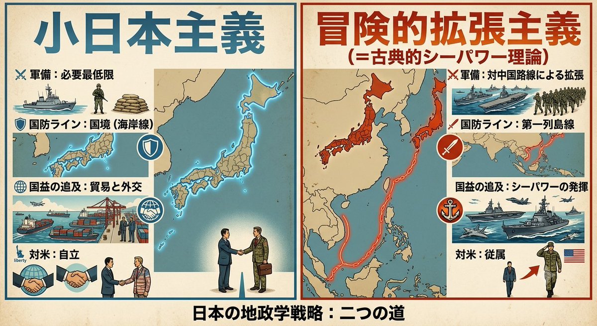 putera_don's tweet photo. アメリカという超大国の戦力投射能力に乗っかれば長期的に安定化できると考えるのは、ひとつの考え方ではあるものの、私個人は否定的です。

図にまとめると以下の通りです。

このうち小日本主義は、アメリカが認めないのはご指摘の通りです。そのため、この両戦略は排他的なものです。（11/ https://t.co/N4L1eMtbi5