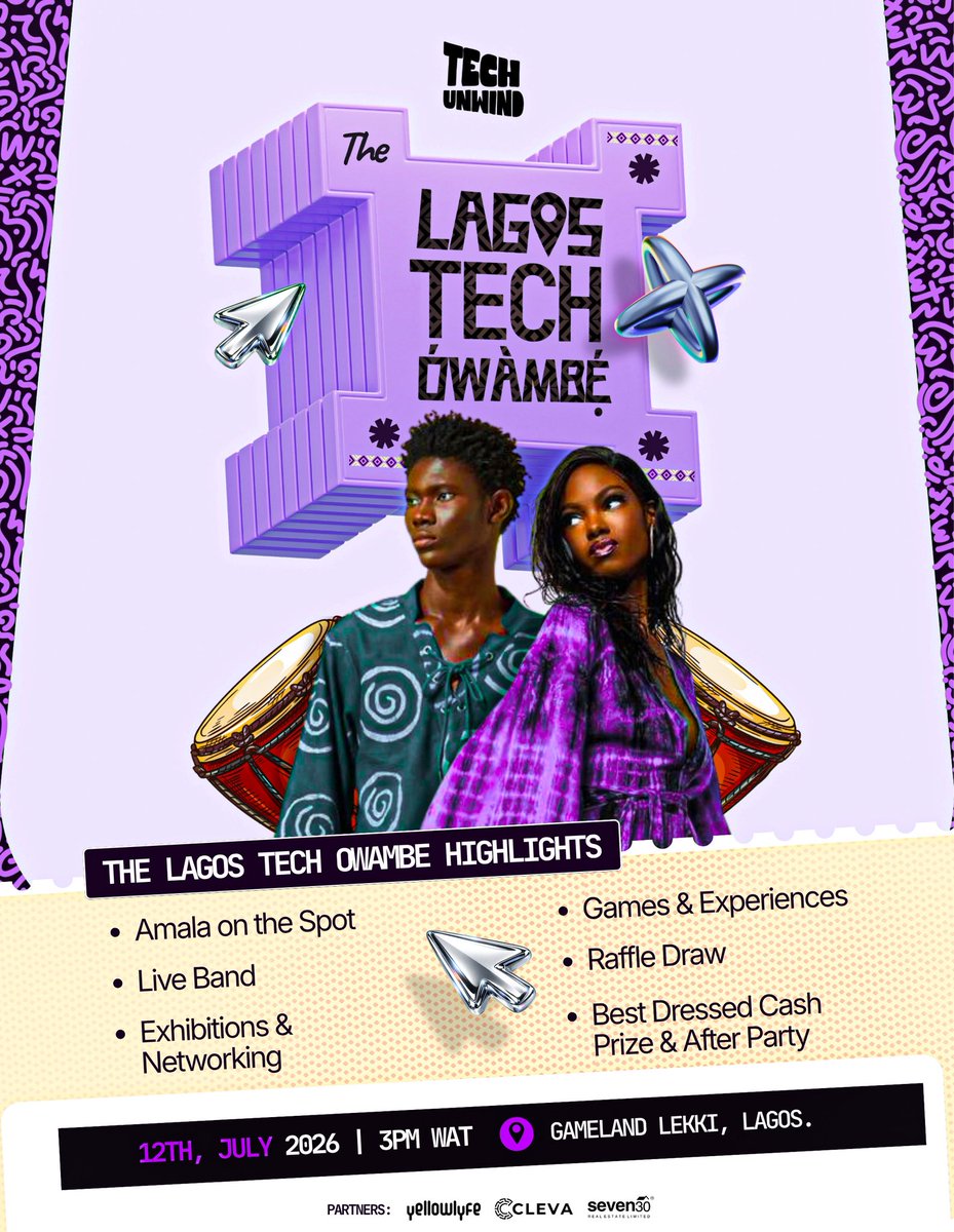 genztechies's tweet photo. It’s official — GenZ Techies is partnering with @TechUnwind_  for The Lagos Tech Owambe! 🚀💜 

This is not your regular tech event.

It’s tech, networking, community, culture, food, music, games, conversations, and pure Owambe energy in one space. 💃🏾

If you’re a founder, developer, designer, creative, product person, digital marketer, tech enthusiast, or someone looking to connect with more people in the Lagos tech ecosystem, this is for you.

Expect:

🎶 Live band
🍽️ Amala on the spot
��� Games & experiences
🤝 Exhibitions & networking
🎟️ Raffle draw
💸 Best dressed cash prize
🎉 After party

Event Details:
📅 12th July 2026
⏰ 3PM WAT
📍 Gameland, Lekki, Lagos

As part of this partnership, members of the GenZ Techies community get 10% off tickets with our discount code:

GENZ10

Use code GENZ10 when getting your ticket.

Ticket link:
https://t.co/VDggV6NmHm

Come connect. Come unwind. Come experience tech the Owambe way.

See you there. 💜

#GenZTechies #TechUnwind #LagosTechOwambe #LagosTech #TechCommunity #TechInNigeria #NetworkingEvent #LagosEvents #TechEvents #AfricanTech