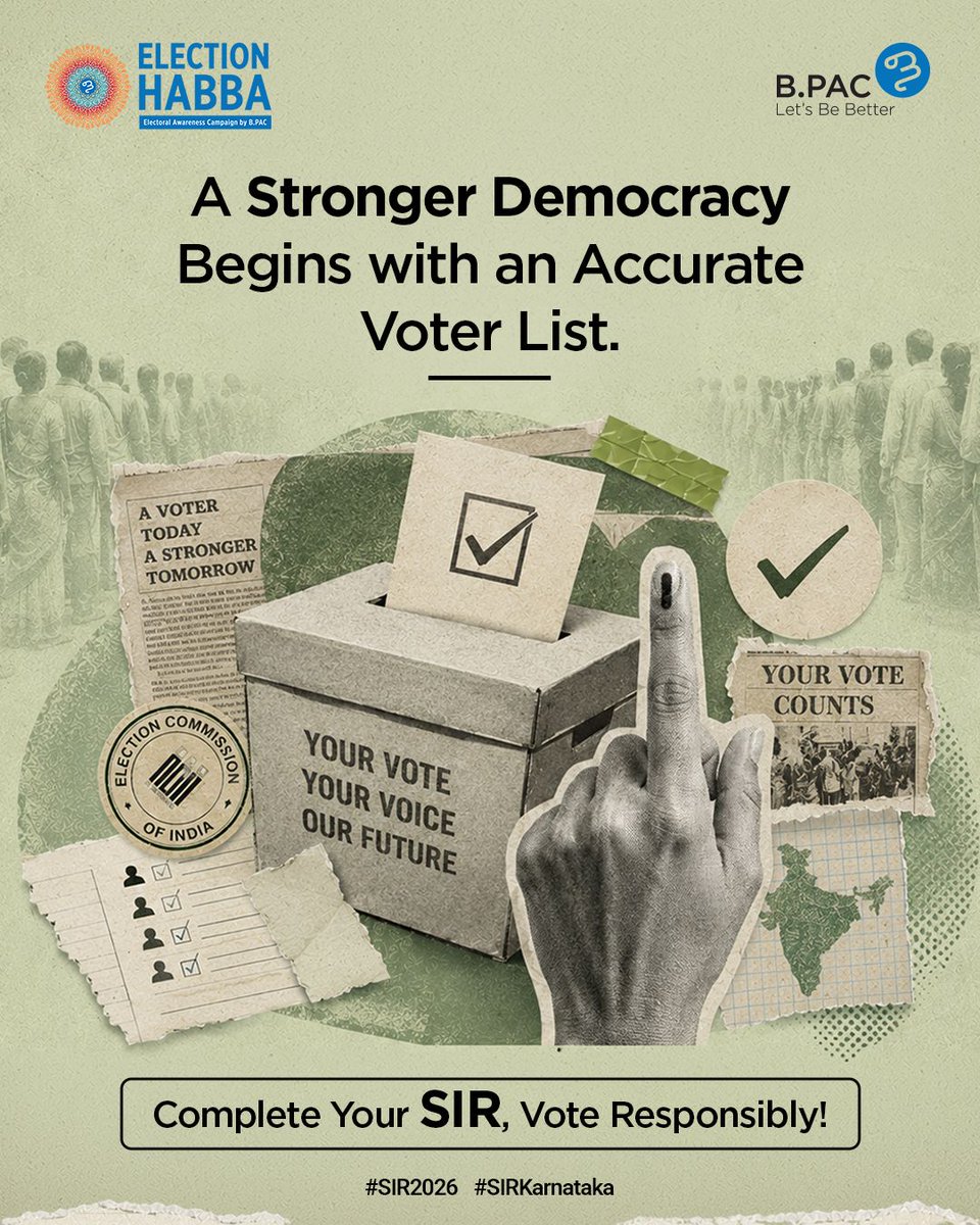 BPACofficial's tweet photo. The strength of a democracy lies in an accurate and inclusive electoral roll, and that's exactly what the Special Intensive Revision (SIR) aims to achieve. This nationwide initiative by the Election Commission of India @ECISVEEP ensures that every eligible voter is correctly enrolled, outdated records are updated, and inaccuracies are removed.

As part of the ongoing exercise, Booth Level Officers (BLOs) will visit households across Karnataka to distribute and collect Enumeration Forms, making it easier for citizens to verify and update their voter information. A few minutes spent checking your details today can make all the difference on election day.
Bengalurigas, the GBA municipal elections are just around the corner. Your vote begins long before polling day. Complete your SIR, ensure your name is on the electoral roll, and be ready to shape the future of your city.
#BPAC #ElectionHabba #EH2026 #GBAelections #SIR2026 #SIRKarnataka #EnumerationForms #SpecialIntensiveRevision #VoterVerification #ElectoralRoll #ElectionCommission #VoterAwareness 

@kiranshaw @RevathyAshok @TVMohandasPai @nikhilkamathcio @Nithin0dha @tweetenator @SpokespersonECI @DKShivakumar @ceo_karnataka @GBA_office @GBAChiefComm