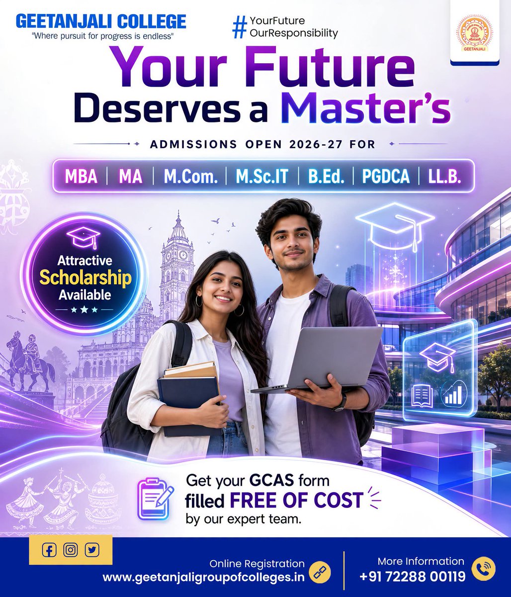 geet_college's tweet photo. 𝗧𝗮𝗸𝗲 𝘁𝗵𝗲 𝗻𝗲𝘅𝘁 𝘀𝘁𝗲𝗽 𝘁𝗼𝘄𝗮𝗿𝗱 𝗮 𝘀𝘂𝗰𝗰𝗲𝘀𝘀𝗳𝘂𝗹 𝗰𝗮𝗿𝗲𝗲𝗿 𝘄𝗶𝘁𝗵 𝗚𝗲𝗲𝘁𝗮𝗻𝗷𝗮𝗹𝗶 𝗖𝗼𝗹𝗹𝗲𝗴𝗲. 🌟
#GeetanjaliCollege #AdmissionsOpen2026 #MastersDegree #MBA #MCom #MA #MScIT #BEd #PGDCA #LLB #Scholarship #GCAS #HigherEducation #CareerGrowth https://t.co/wFQ9EAZyA8