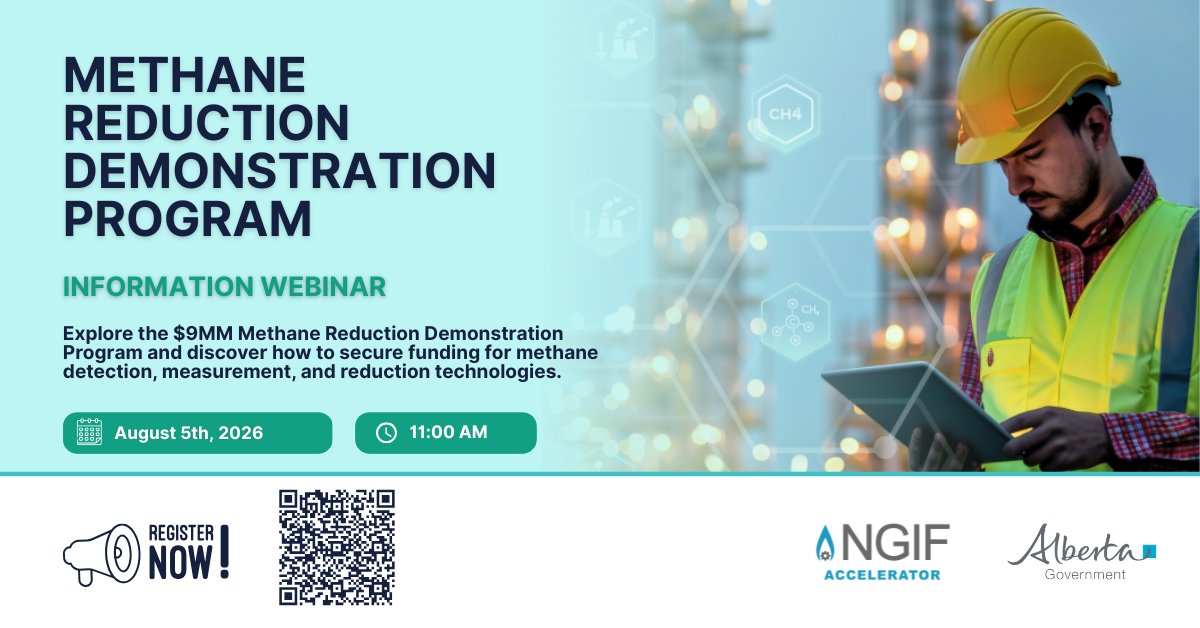 NGIFAccelerator's tweet photo. Are you developing a methane reduction, measurement, or quantification technology and looking for a pathway to commercial deployment?

Join our upcoming webinar to learn how the Methane Reduction Demonstration Program (MRDP) can help accelerate your technology through real-world demonstrations with industry partners across Alberta.

This session will cover:
✔ Program objectives and funding support
✔ Eligibility requirements
✔ Demonstration opportunities with participating operators
✔ Key considerations for a strong application

MRDP supports technologies at TRL 7–9 and offers funding to help innovators validate performance in operational environments where results matter most.

📅 August 5, 2026
🔗 Register for the webinar: https://t.co/Csw1xWgRNR
Applications are open until September 29, 2026.

🔗 Learn more and apply: https://t.co/kwj6EW602N

📩 Questions: mrdp@ngif.ca