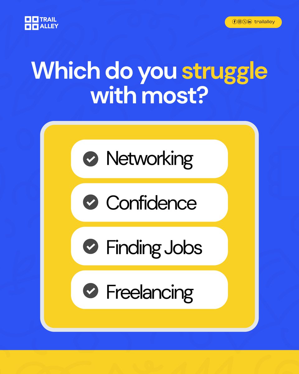 trailalley's tweet photo. Which of these do you struggle with the most? Share with us in the comments section.
#TrailAlley
#LearnTechInBenin
#TechAcademyInBenin
#DigitalSkills
#SkillsToEarningWorkshop https://t.co/q5s9A1MGxT