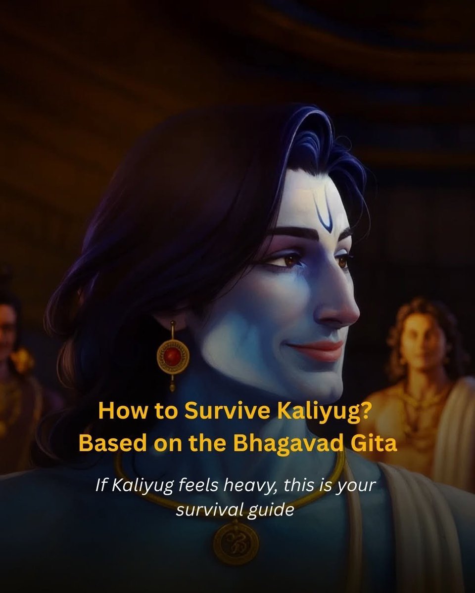 Krishnavallabhi's tweet photo. Kaliyug doesn't defeat the strong—it exposes the undisciplined.

The Bhagavad Gita teaches that your greatest battle is your own mind.

A thread on Shri Krishna's timeless wisdom for navigating Kaliyug 🧵👇 https://t.co/MRk8jGapxd