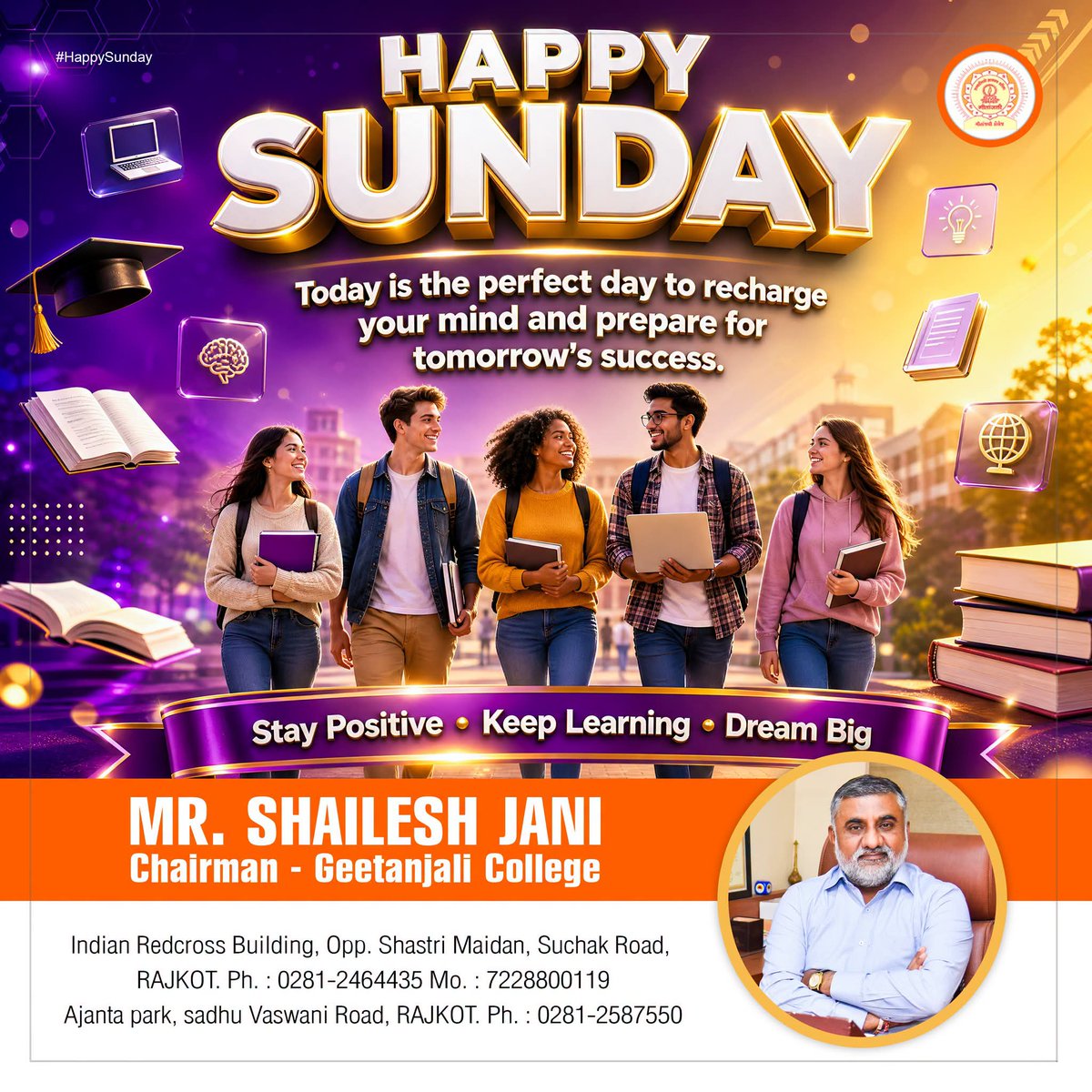 geet_college's tweet photo. Happy Sunday! 📚✨
Recharge your mind today, embrace new opportunities
#HappySunday #SundayMotivation #GeetanjaliCollege #Education #StudentLife #KeepLearning #DreamBig #StayPositive #FutureLeaders #CollegeLife #Rajkot #SuccessJourney #Motivation #LearningNeverStops https://t.co/3LhnskNS6L