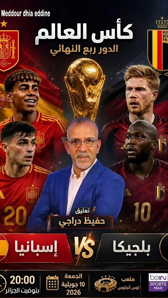 derradjihafid's tweet photo. موعدنا الليلة باذن الله في المواجهة التي تجمع بين أفضل خط هجوم (بلجيكا) ضد أفضل خط دفاع (إسبانيا)..

👈| كأس العالم 2026 FIFA (الدور الربع نهائي )
⚽ |  بلجيكا 🇧🇪 ✘ إسبانيا 🇪🇦
🗓️ |الجمعة 10 - 07 - 2026
🕗| 20:00 بتوقيت الجزائر 🇩🇿  
🕗 | 22:00  بتوقيت مكة المكرمة 🕋  
🖥 | beIN SPORTS MAX 1 \ 4K HDR
🎙️ | تعليق : حفيظ دراجي
🏟️ | ملعب :  لوس أنجلوس   🇺🇸
#كأس_العالم2026 | #مونديال2026 | #كأس_العالم
#FIFAWorldCup2026 | #FIFAWorldCup | #beINWC26
مشاهدة ممتعة للجميع ☺️