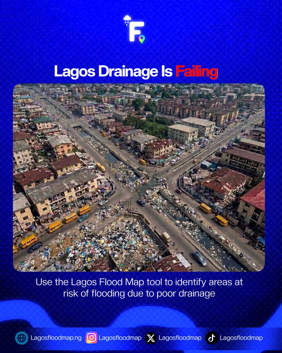 lagosfloodmap's tweet photo. Lagos generates over 9,000 tonnes of waste daily. A significant portion blocks the drainage systems meant to protect millions from flooding.

But blocked drains are only part of the story. Lagos' drainage was designed for just 2 million people.

Today, over 15 million live in Lagos. Every rainy season, this mismatch causes flooding crises.

Lagos Flood Map helps citizens navigate this challenge. Our flood risk data shows which areas face the highest drainage failure risk. Knowledge is your first defense.