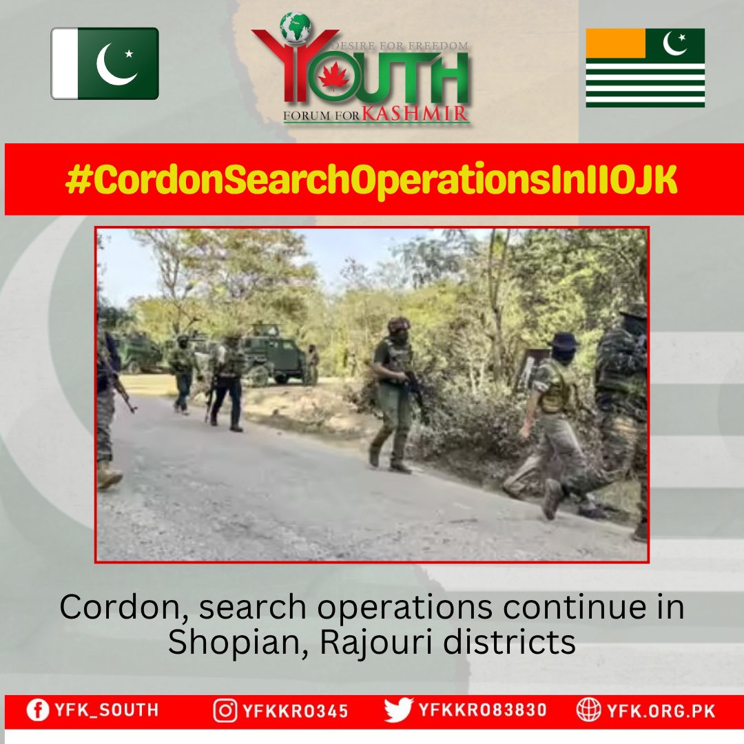 YFK_Karachi's tweet photo. Cordon, search operations continue in Shopian, Rajouri districts.
#CordonSearchOperationsInIIOJK https://t.co/gfs3zcwO9t