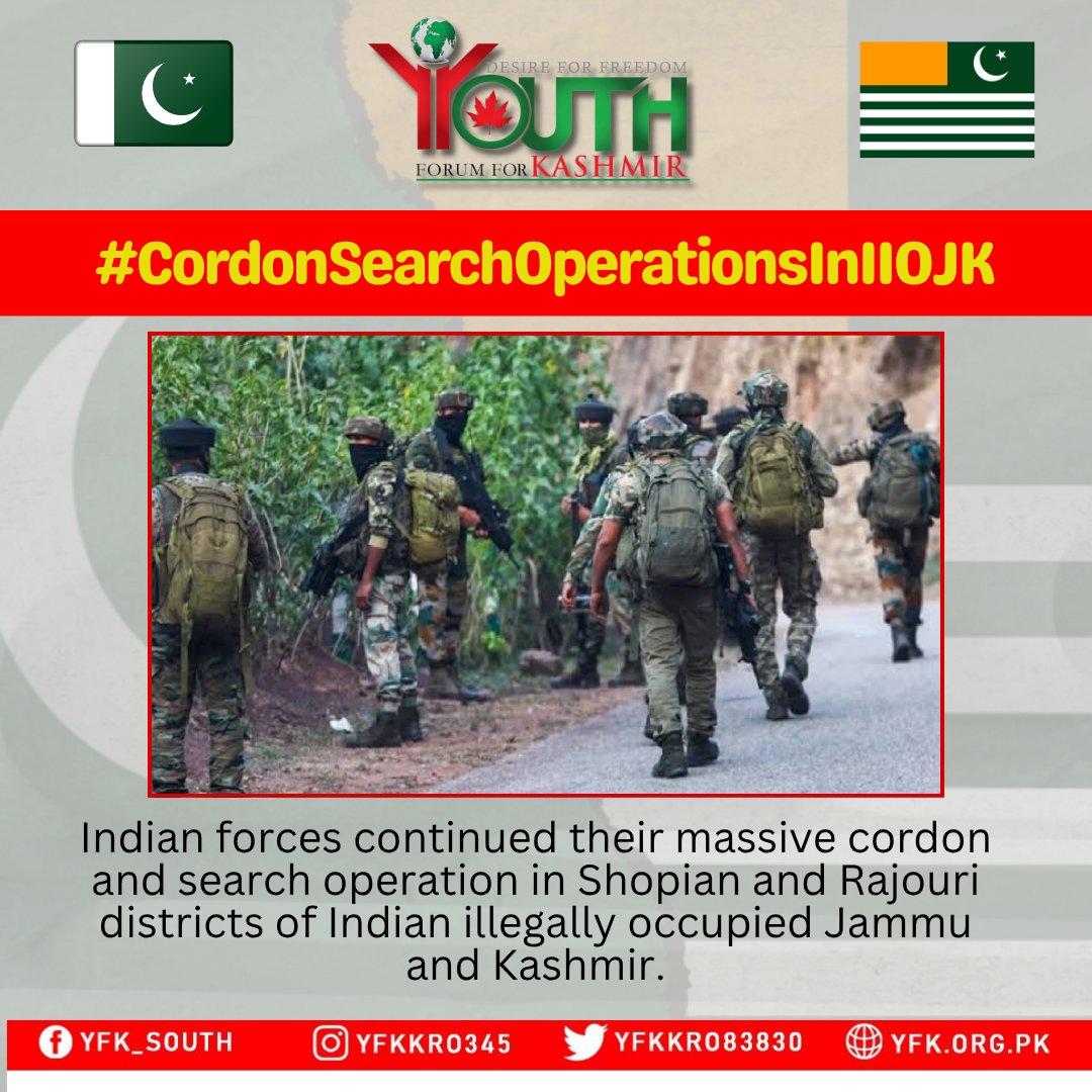 YFK_Karachi's tweet photo. Cordon, search operations continue in Shopian, Rajouri districts.
#CordonSearchOperationsInIIOJK https://t.co/gfs3zcwO9t