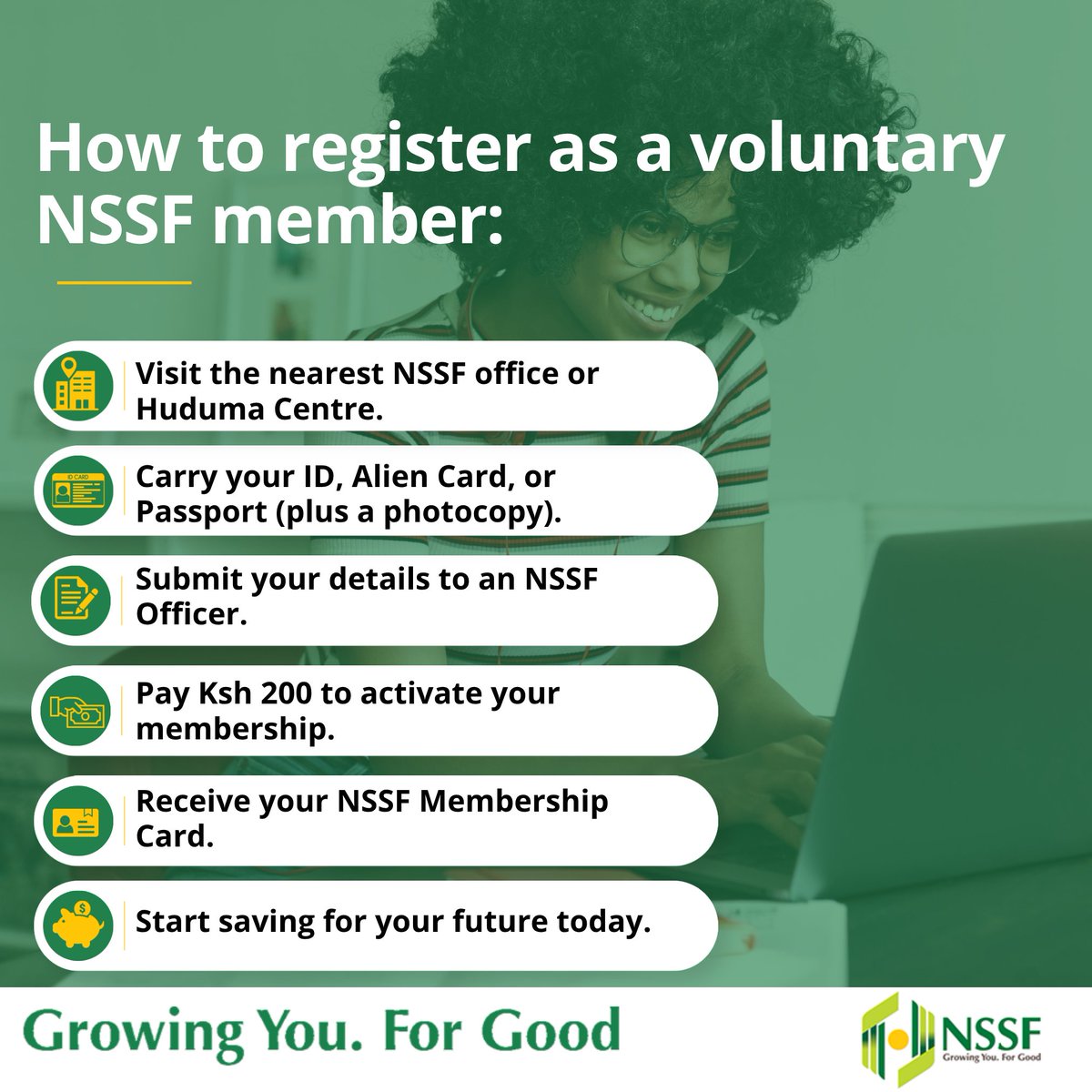 NSSF_ke's tweet photo. Happy New Week! Did you know you can register as a voluntary NSSF member
and take the first step toward a dignified future? Learn more:
https://t.co/BPt2uF1DeA #LeavingNoOneBehind https://t.co/utFidy7AR8