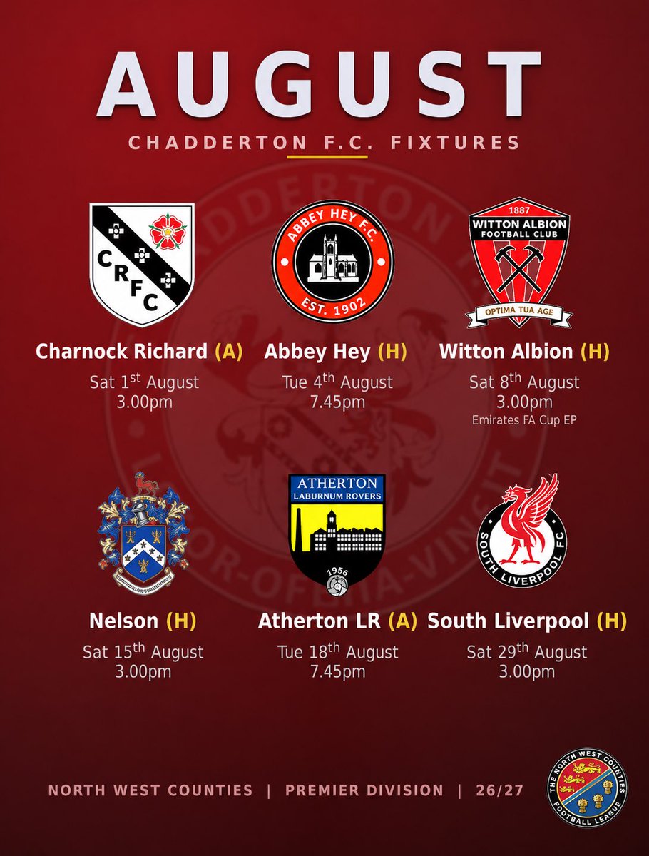 ChaddertonFC's tweet photo. HERE WE GO! 📅
Our opening August Fixtures have been released and we travel to @CharnockFC 1st game of the season.
First home game on Tues 4th August is a local derby at home to @AbbeyHeyFC
Then we face @WittonAlbion in the @EmiratesFACup EP on Sat 8th August.
#UpTheChad https://t.co/JwjgXmkoQG