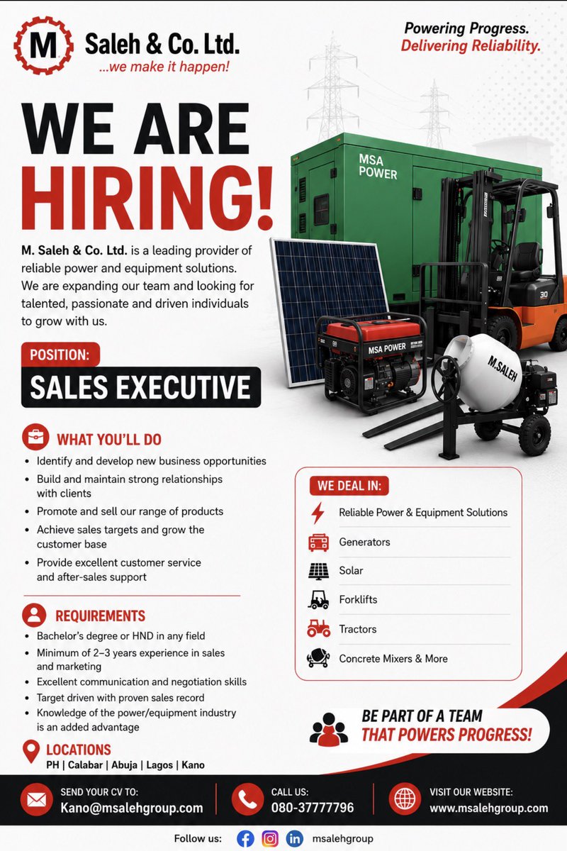 Aashfinn's tweet photo. 🚨 WE’RE HIRING!

M. Saleh & Co. Ltd. is looking for a driven and result-oriented Sales Executive to join our growing team.

If you have experience in sales and marketing, strong communication skills and know how to turn opportunities into results, we want to hear from you.

📍 PH | Calabar | Abuja | Lagos | Kano
📞 080-37777796
📩 kano@msalehgroup.com
🌐  https://t.co/vj9sQHoJYQ⁠

Please RT, someone on your timeline might need this opportunity. 🙏🏾