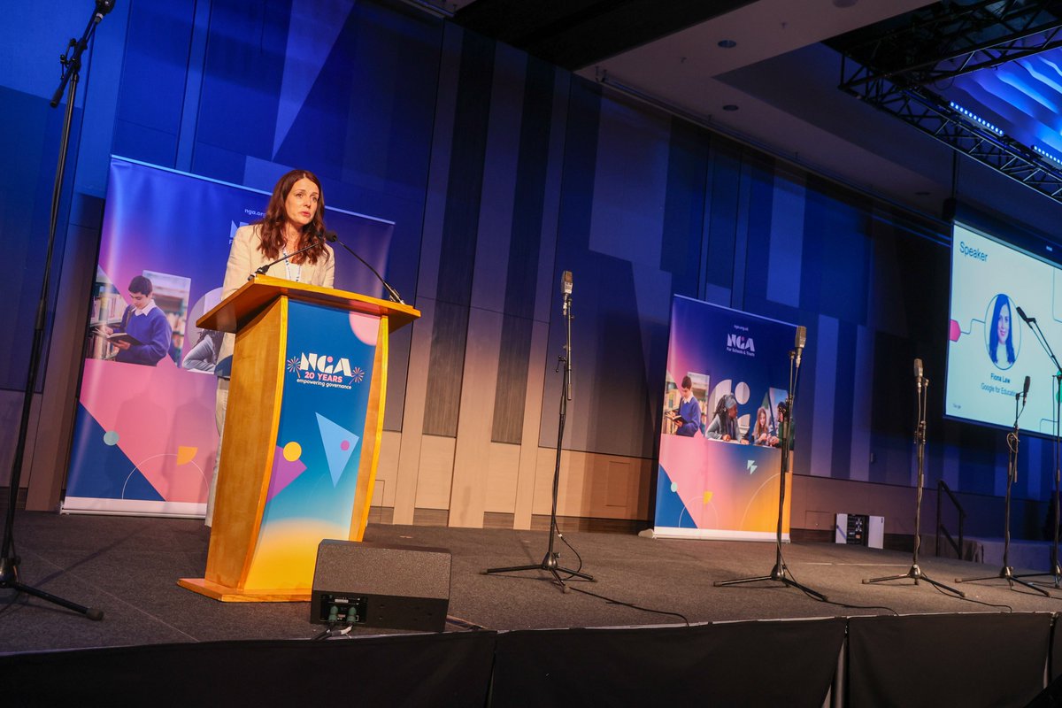 NGAMedia's tweet photo. 👩‍💻 @FionaLawUK discusses the AI support that @GoogleForEdu, one of our conference sponsors, provides for schools and trusts.

We're thrilled to have partnered with Google on a new AI toolkit - watch this space on Monday for an exciting announcement! 👀

#NGAconf https://t.co/og2B2sxK4u
