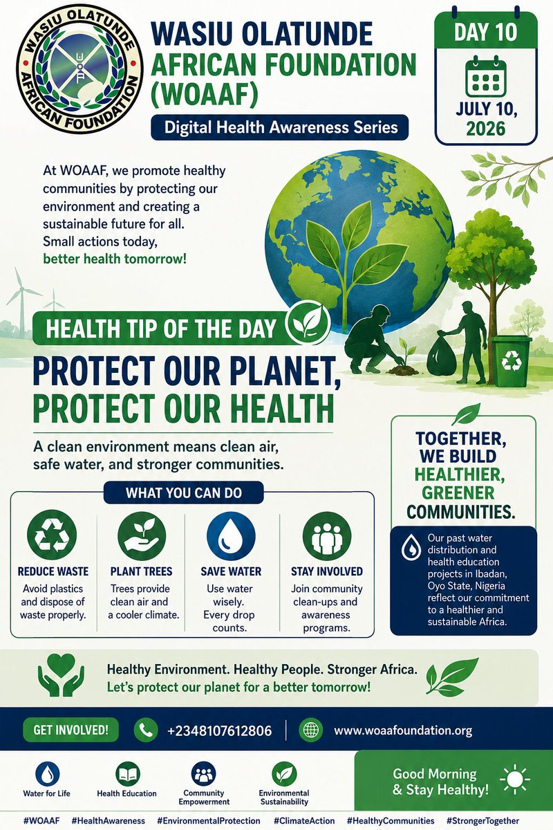 AfricanWasiu's tweet photo. Protect the environment today to secure a healthier tomorrow. Small actions, big impact! 
#WOAF #ClimateAction #EnvironmentalProtection #HealthyLiving #PublicHealth #SaveOurPlanet https://t.co/TPjKbSutn6