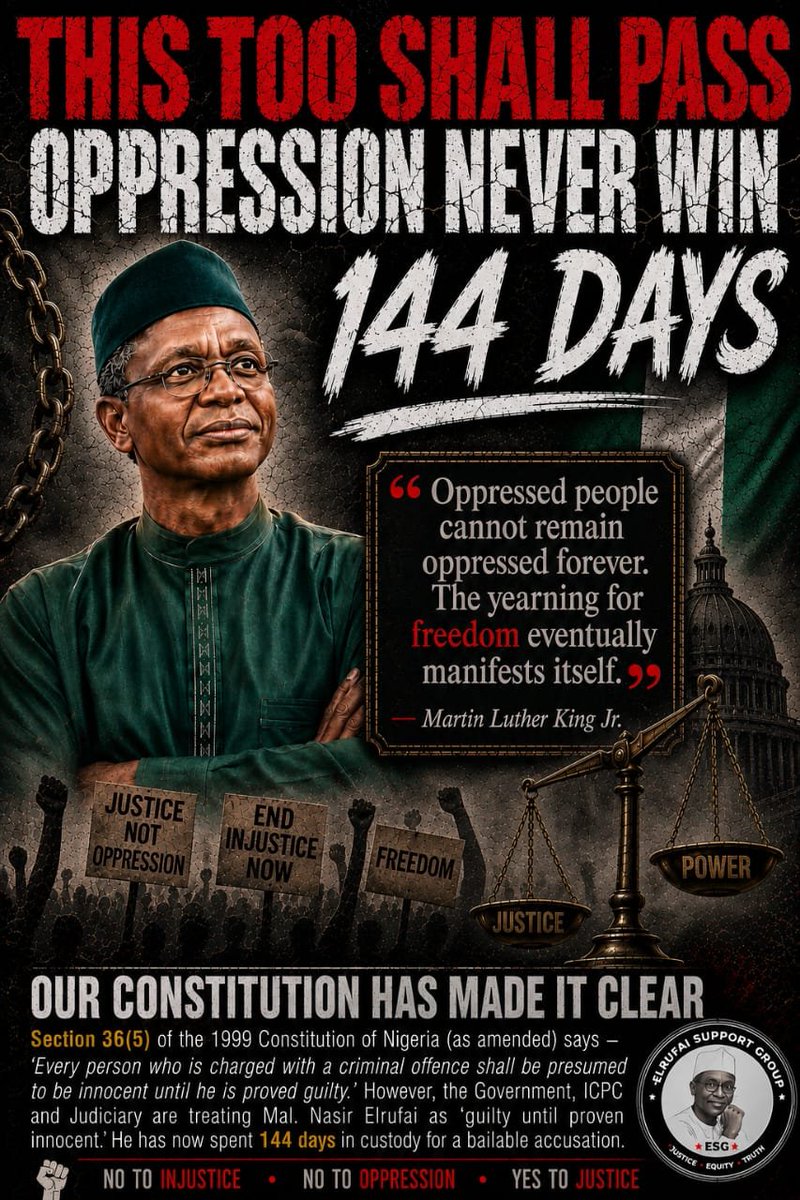 ElrufaiBoys's tweet photo. Democracy is not measured by how a government treats its allies — but by how it treats those who dare to disagree.

Across Nigeria, difficult questions persist about the prolonged legal and political ordeal of Mallam Nasir El-Rufai. While other public figures facing serious allegations move freely without similar scrutiny, one of the country's most formidable opposition voices remains trapped in an unending cycle of investigations and court battles.

Whether you support him or not, justice must never appear selective. The rule of law must apply equally — not based on political loyalty, but on truth.

Today it is El-Rufai. Tomorrow, it could be anyone.

Justice delayed is justice denied. And when justice becomes a weapon, democracy suffers.

Whatever your views, one truth is undeniable: Mallam Nasir El-Rufai remains one of Nigeria's most consequential political strategists. And the ruling party knows it.

We demand justice! ⚖️ 😤