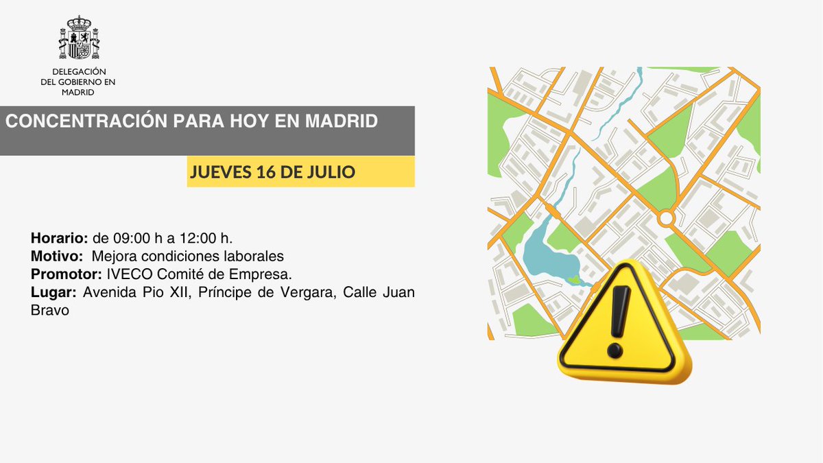DGobiernoMadrid's tweet photo. 📢Manifestación para HOY en Madrid | Información de servicio público 
🕘Horario: de 09:00 h a 12:00 h 
 ⤵️Más información:⤵️ https://t.co/VEAZ0ZV1rJ