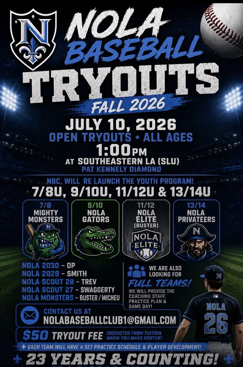 Nola_Baseball's tweet photo. Excited for ADD On Open Tryouts today!
Call 504-259-6530
The Tradition Continues !

Walk Ups are Welcome! https://t.co/jWYZiwZrqd