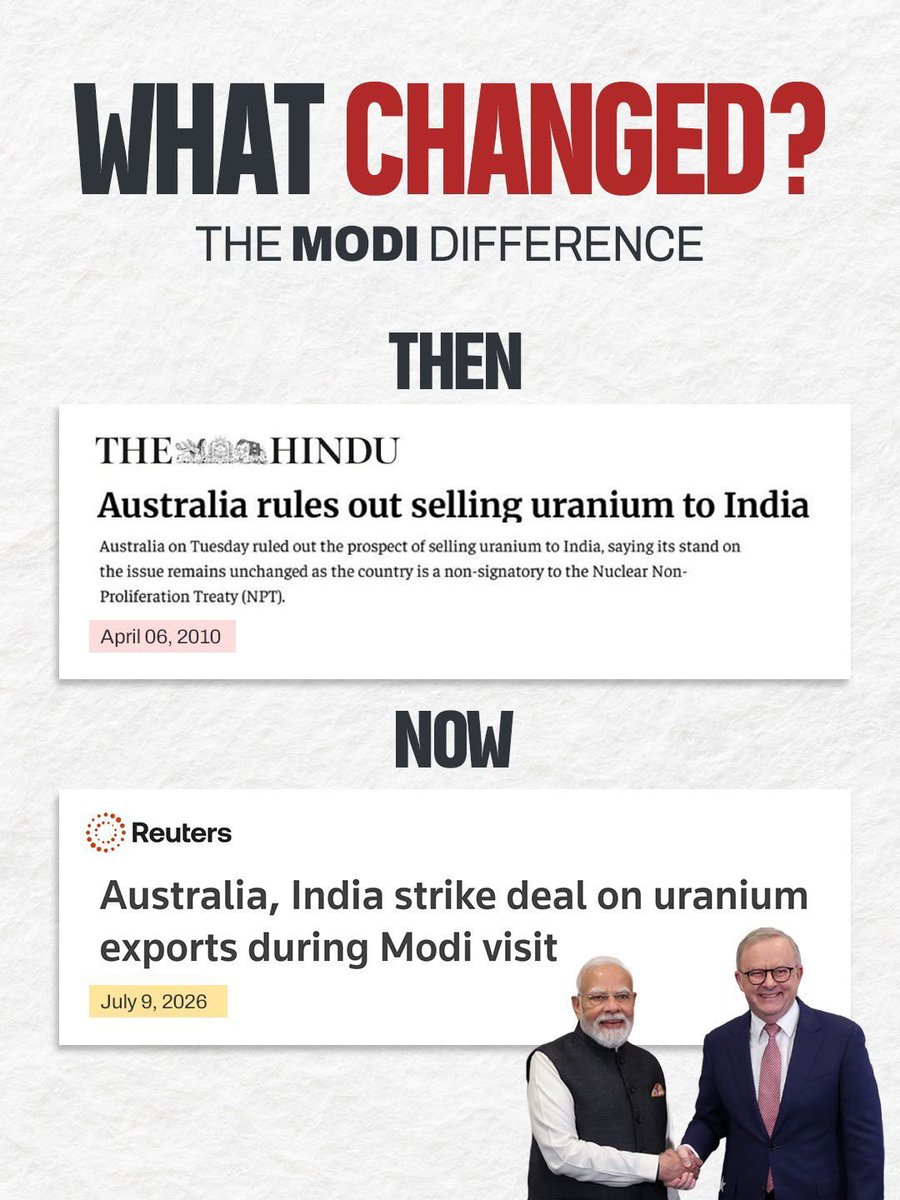TajinderBagga's tweet photo. 2010: Australia refused to sell uranium to India. India was lectured, doubted and treated as an outsider.

2026: Australia signs a uranium export deal with India.The same India. The same non-signatory status. The only thing that changed was the leadership in New Delhi.

From being told “No” to being courted as a trusted strategic partner.

For decades, Congress made India seek validation. PM Modi made the world seek partnership.

That is the Modi Difference.
